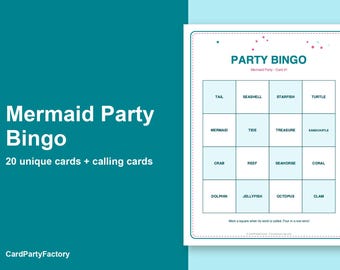 Zeemeermin Bingo Kaarten, 20 printbare verjaardagsbingokaarten met oproepkaarten, kinderfeestspel, direct te downloaden