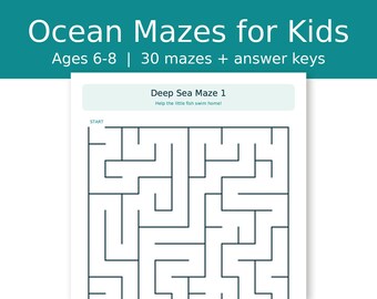 Doolhoven met oceaan-thema voor kinderen van 6-8 jaar, 30 printbare doolhofwerkbladen, activiteitenpagina's voor groep 1 en 2, inclusief antwoorden.