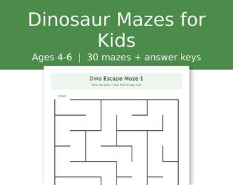 Dinosauruslabyrinten voor kinderen van 4-6 jaar, 30 makkelijke printbare labyrintwerkbladen, activiteit voor peuters en kleuters, inclusief antwoorden.