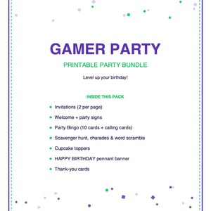 Gamer Födelsedagsbingo, Utskrivbart Barnkalas Spelkit med Inbjudningar, Banderoll, Charader och Skattjakt bild 4