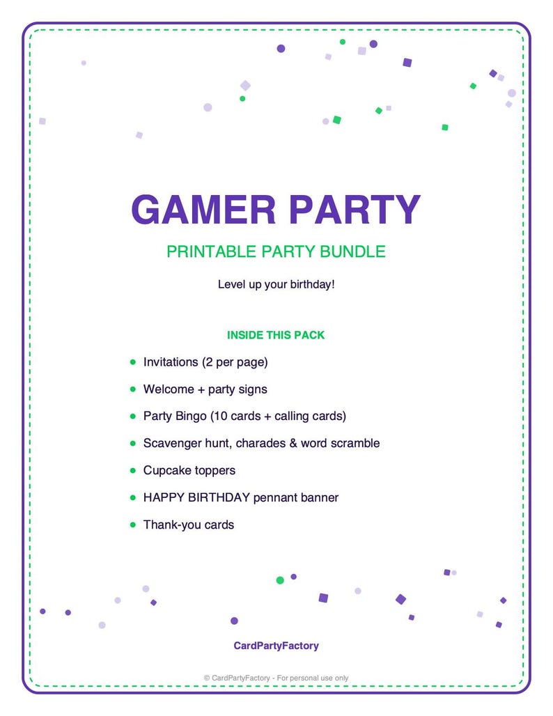 Gamer Födelsedagsbingo, Utskrivbart Barnkalas Spelkit med Inbjudningar, Banderoll, Charader och Skattjakt bild 4