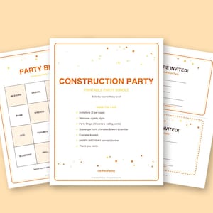 Construction Birthday Bingo, Printable Kids Party Games Kit with Invitations, Banner, Charades and Scavenger Hunt image 2