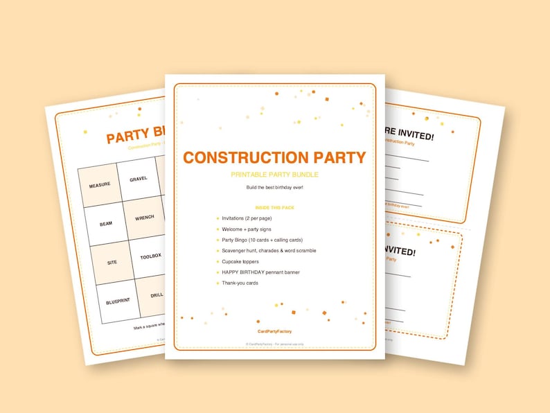 Construction Birthday Bingo, Printable Kids Party Games Kit with Invitations, Banner, Charades and Scavenger Hunt image 2