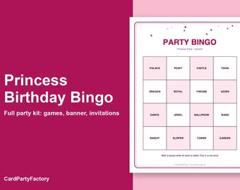 Bingo d'anniversaire de princesse, kit de jeux imprimables pour enfants avec invitations, banderole, charades et chasse au trésor