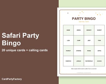Safari Party Bingo Kaarten, 20 printbare verjaardagsbingokaarten met oproepkaarten, kinderfeestspel, direct te downloaden