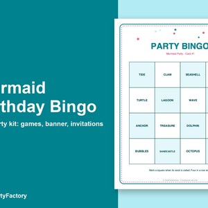 Search thumbnail: Mermaid Birthday Bingo, Printable Kids Party Games Kit with Invitations, Banner, Charades and Scaven