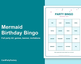 Mermaid Birthday Bingo, Printable Kids Party Games Kit with Invitations, Banner, Charades and Scavenger Hunt
