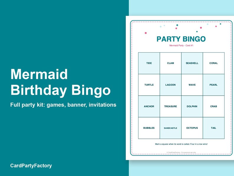 Search thumbnail: Mermaid Birthday Bingo, Printable Kids Party Games Kit with Invitations, Banner, Charades and Scaven
