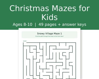 Kerstdoolhoven voor kinderen van 8-10 jaar, woordzoekers, rekenwerkbladen voor groep 3 en 4, kleuren op nummer, antwoordbladen, 49 pagina's tellend PDF-bestand