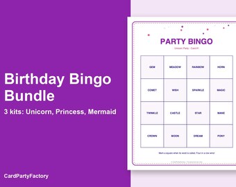 Könnte beinhalten: Ein Geburtstags-Bingo-Paket mit drei Sets: Einhorn, Prinzessin und Meerjungfrau. Das Bild zeigt eine weiße Party-Bingo-Karte mit violettem Rand, die ein vier-mal-vier Raster mit Wörtern wie Gem, Meadow, Rainbow, Horn, Comet, Wish, Sparkle, Magic, Twinkle, Castle, Star, Mane, Crown, Moon, Dream und Pony enthält.
