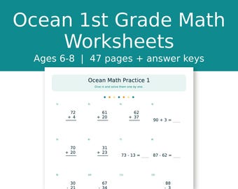 Werkbladen met oceaan-thema voor groep 1 (6-8 jaar), optellen en aftrekken tot 100, wiskundeoefeningen voor groep 2, doolhoven en kleuren op nummer, 47 pagina's (pdf)