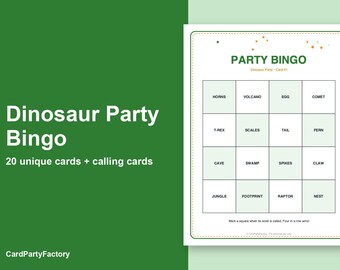 Dinosaurusfeestbingokaarten, 20 printbare verjaardagsbingokaarten met oproepkaarten, kinderfeestspel, direct te downloaden