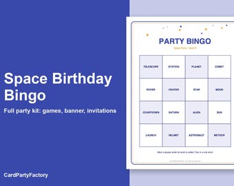 Bingo d'anniversaire sur le thème de l'espace : kit de jeux imprimables pour enfants avec invitations, banderole, charades et chasse au trésor