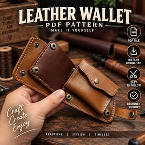 May include: A brown leather wallet PDF pattern featuring a bi-fold design with a coin pocket, brass snap buttons, and visible stitching. The text LEATHER WALLET PDF PATTERN MAKE IT YOURSELF is displayed along with icons for A4 PDF file, instant download, scissors, and a checkmark.