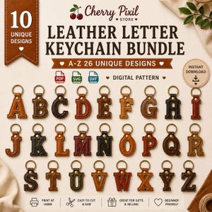 以下が含まれることがあります： Cherry Pixil Store、Leather Letter Keychain Bundle、A-Z 26 Unique Designsというテキストが記載された、レザー製文字型キーホルダーのデジタルパターンバンドル。画像には26個の個別の文字型レザーキーホルダーが表示されています。