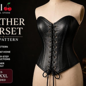 Puede incluir: Un corsé de cuero negro sobre un maniquí con cierre frontal de cordones con ojales metálicos y cordón negro. El texto a la izquierda dice: pixil DIGITAL STORE, LEATHER CORSET, PDF PATTERN, PDF PATTERN, PRINT AT HOME, STEP-BY-STEP INSTRUCTIONS, BEGINNER FRIENDLY, SIZES XS - XXL INCLUDED.