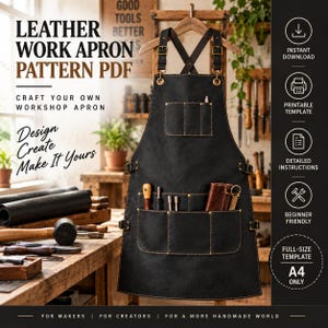 Peut inclure: Un tablier de travail en cuir noir avec des bretelles croisées dans le dos, une poche poitrine et plusieurs poches utilitaires inférieures avec des coutures visibles. Le tablier est présenté sur un cintre en bois avec du texte.