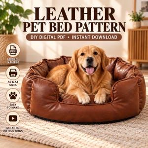 Może przedstawiać: Golden retriever odpoczywający w okrągłym legowisku dla zwierząt z brązowej skóry. Obraz zawiera tekst: LEATHER PET BED PATTERN, DIY DIGITAL PDF, INSTANT DOWNLOAD, DIGITAL PATTERN, A0 & A4 SIZES, EASY TO MAKE oraz DETAILED INSTRUCTIONS.