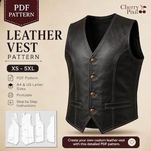 Può includere: Un gilet in pelle nera con scollo a V, quattro bottoni frontali e due tasche a filetto. Il testo recita PDF PATTERN LEATHER VEST PATTERN XS - 5XL PDF Pattern A4 & US Letter Sizes Printable Step by Step Instructions Cherry Pixil.