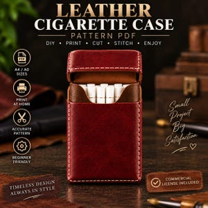 May include: A deep red leather cigarette case with white stitching, shown as a PDF pattern. The text reads LEATHER CIGARETTE CASE, PATTERN PDF, DIY, PRINT, CUT, STITCH, ENJOY, A4/A0 SIZES, PRINT AT HOME, ACCURATE PATTERN, BEGINNER FRIENDLY, SMALL PROJECT BIG SATISFACTION, TIMELESS DESIGN ALWAYS IN STYLE, COMMERCIAL LICENSE INCLUDED.
