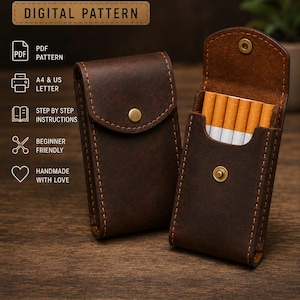 May include: A dark brown leather cigarette case with visible stitching and a brass snap closure. The text LEATHER CIGARETTE CASE DIGITAL PATTERN is displayed alongside icons for PDF pattern, A4 and US letter, instructions, and beginner friendly.