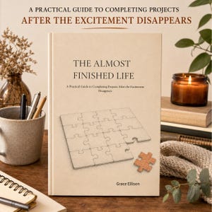 May include: A hardback book titled The Almost Finished Life: A Practical Guide to Completing Projects After the Excitement Disappears by Grace Ellison. The cover features a beige background with a line drawing of a puzzle with one piece missing.