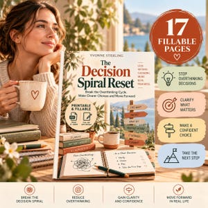 May include: A book titled The Decision Spiral Reset by Yvonne Sterling with 17 fillable pages. The cover features text, a list of steps, and a graphic of signposts. It includes sections for clarifying choices, making decisions, and moving forward.