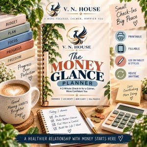 May include: A spiral-bound planner titled The Money Glance Planner with a phoenix logo, accompanied by a mug with text, a notepad with a checklist, a gold pen, a calculator, and a sticky note. The planner cover features the text A 2-Minute Check-In for a Calmer, More Confident You and Awareness, Less Anxiety, More Clarity, Real Progress.