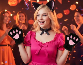 Cosplayset met zwarte kat: oren van imitatiebont, halsketting met belletje, handschoenen met pootafdrukken (anime Halloween)