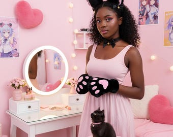 Black Faux Fur Cat Ear Headband, Paw Gloves, Lace Choker Set (3-Piece Cosplay)