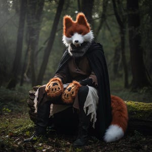 Puede incluir: Un disfraz de zorro completo que incluye una máscara de piel sintética naranja y blanca con colmillos visibles, una capa negra con capucha, una túnica marrón, pantalones negros y guantes con forma de pata naranja. Incluye una cola de zorro grande.