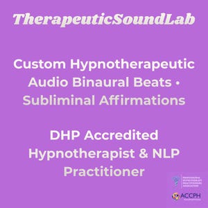Könnte beinhalten: Eine violette quadratische Grafik mit weißem Text, der TherapeuticSoundLab, Custom Hypnotherapeutic Audio Binaural Beats, Subliminal Affirmations, DHP Accredited Hypnotherapist & NLP Practitioner liest, mit zwei kleinen Logos in der unteren Ecke.