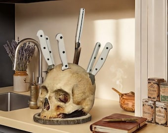 Gothic Resin Skull Knife Block Holder, Spooky Skeleton Head Kitchen Knife Stand, Halloween Kitchen Countertop Storage Decor