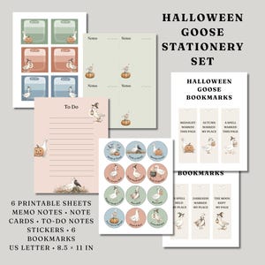 Puede incluir: Un set de papelería de gansos de Halloween con hojas imprimibles, notas, tarjetas, listas de tareas, pegatinas y marcapáginas. Los diseños incluyen ilustraciones de gansos con calabazas, linternas y sombreros de bruja, con texto como "Halloween Goose Stationery Set" y "Halloween Goose Bookmarks" en páginas de 21,59 por 27,94 cm.