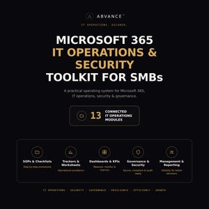 May include: A black digital graphic for the Microsoft 365 IT Operations & Security Toolkit for SMBs. It lists 13 connected IT operations modules including SOPs, checklists, trackers, worksheets, dashboards, KPIs, governance, security, management, and reporting.