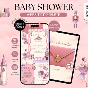 May include: A digital baby shower website template featuring a pink colour scheme with illustrations of a nutcracker, ballerina, castle, and gifts. The mobile interface displays event details, RSVP options, and a book registry section with text including A LITTLE SUGAR PLUM and YOU'VE BEEN INVITED.