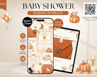 May include: A digital baby shower website template displayed on a smartphone and tablet screen. The design features watercolor pumpkin illustrations, orange and cream color palettes, and text including "A little pumpkin is on the way."