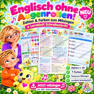 Puede incluir: Un recurso educativo digital titulado Englisch ohne Augenrollen que incluye hojas de trabajo coloridas para aprender números, colores y el alfabeto. El conjunto contiene letras de canciones, hojas de práctica de escritura e ilustraciones.
