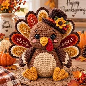 Puede incluir: Una figura de pavo tejida a ganchillo en color marrón con vientre beige, pico amarillo y carúncula roja. El pavo lleva un sombrero de copa marrón adornado con un girasol amarillo y bayas rojas. Las plumas de la cola tienen tonos naranja, rojo y amarillo.