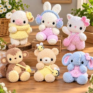 Paquete de patrones de ganchillo de animales adorables en PDF, patrones de amigurumi de peluche, conejo, gato, oso, mono, elefante, patrones de juguetes de ganchillo para principiantes.