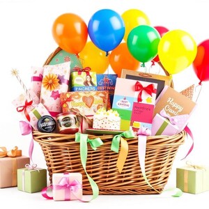 Op de afbeelding: Een grote gevlochten rieten mand gevuld met diverse ingepakte cadeaus, een klein taartje en kleurrijke ballonnen in rood, oranje, geel, groen en blauw. Verschillende cadeauverpakkingen met linten staan rond de basis van de mand op een witte ondergrond.