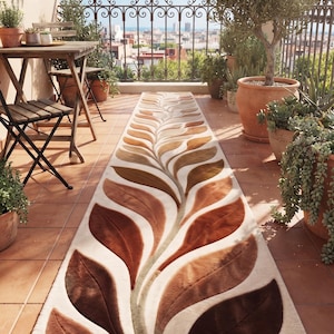 Alfombra de pasillo de lana tejida a mano – Diseño de hojas esculpidas en 3D, alfombra de balcón color ocre terracota