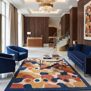 Alfombra abstracta de lana tejida a mano – Diseño retro de ameba, terracota y azul marino (estilo moderno de mediados de siglo)