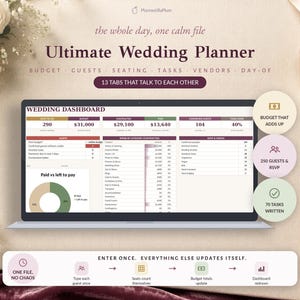 May include: A digital Ultimate Wedding Planner dashboard displayed on a laptop screen. The interface features sections for budget, guests, seating, tasks, and vendors. Text includes "the whole day, one calm file" and "13 TABS THAT TALK TO EACH OTHER."