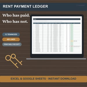 May include: A digital rent payment ledger template displayed on a screen with the text Rent Payment Ledger, Who has paid. Who has not., 12 Tenancies, 400 Lines, Printable Receipt, and Excel & Google Sheets - Instant Download on a brown background.