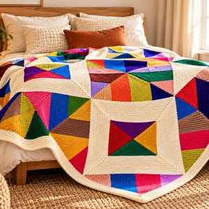 May include: A crochet blanket featuring a geometric pattern of squares and triangles in vibrant colors including red, blue, green, yellow, orange, and purple, framed by a thick, off-white border that connects the multicolored sections throughout.