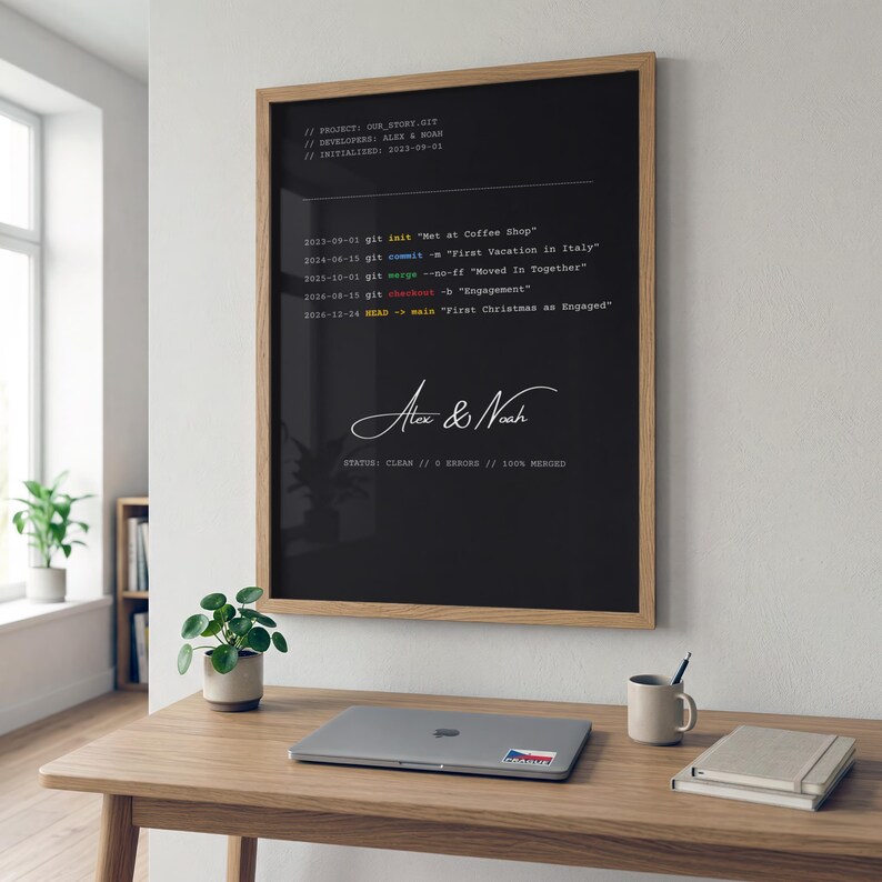 Personalized Git Commit Poster | Developer Gift | IT Relationship Story Wall Art | Programmer Decor image 1