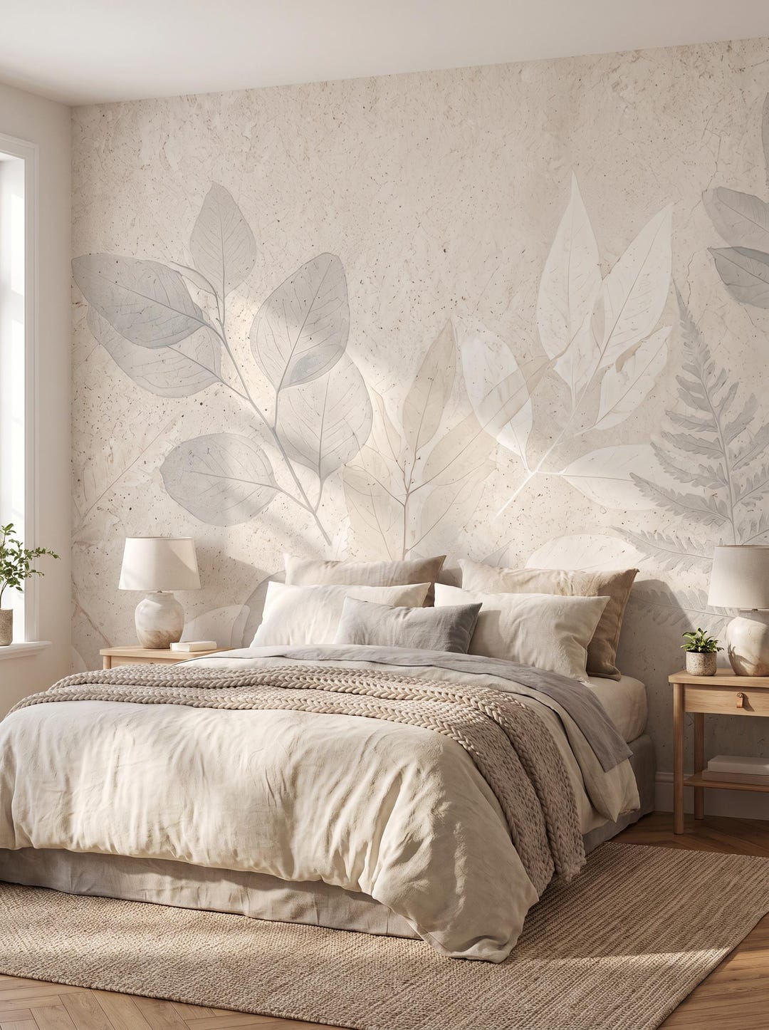 Concrete Botanical Wallpaper, Grunge Wall Mural, Leaf Wall Art, Floral ...