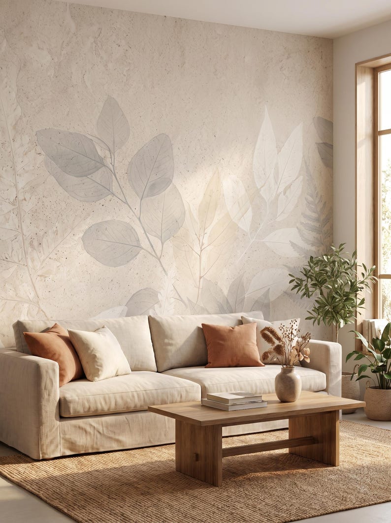 Concrete Botanical Wallpaper, Grunge Wall Mural, Leaf Wall Art, Floral ...
