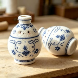 May include: Two off-white needle-felted vases with blue floral patterns and a small smiling face on the front. The vases have a rounded body, a narrow neck, and a flared rim, featuring intricate blue line work and soft, fuzzy textures.